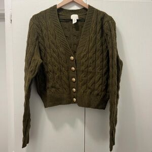 H&M Olive Cable Knit Button-Front Cardigan